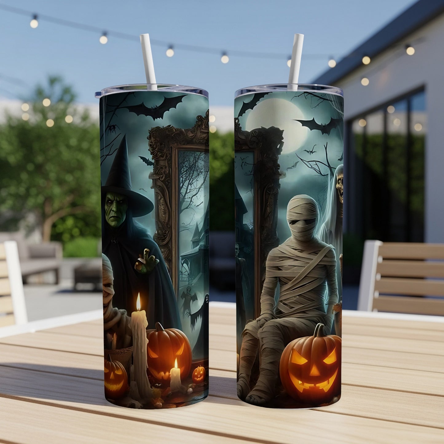 Two Halloween-themed tumblers featuring a witch, mummy, and jack-o'-lanterns.