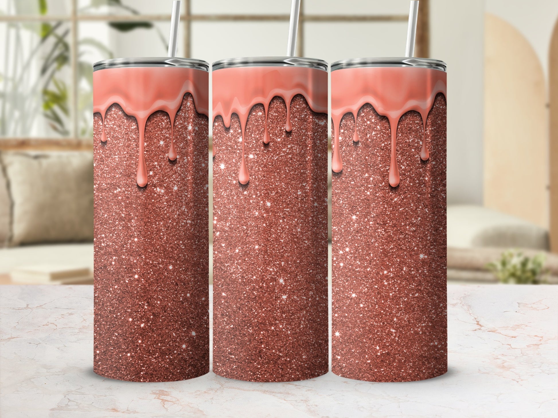 Sparkling Rose Gold Glitter Drip Design Tumbler