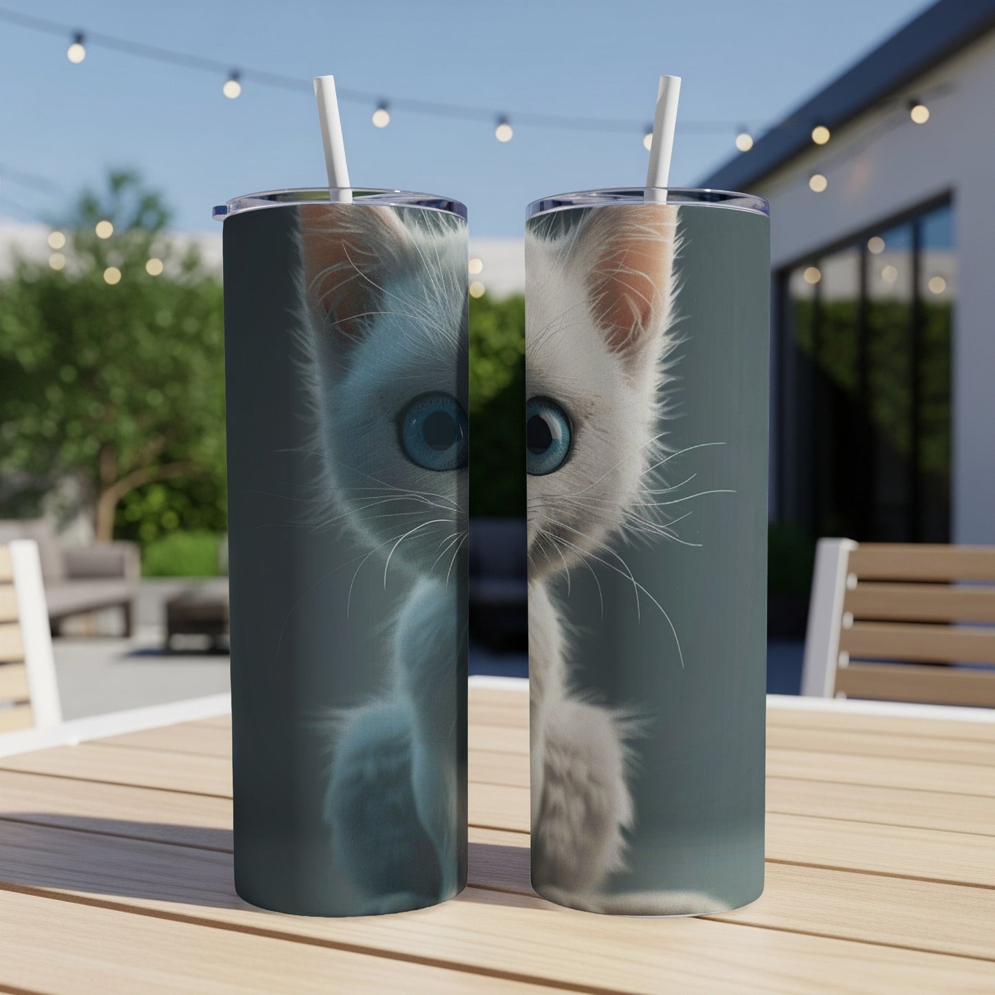 Two identical tumblers featuring a close-up of a fluffy white kitten with large blue eyes.
