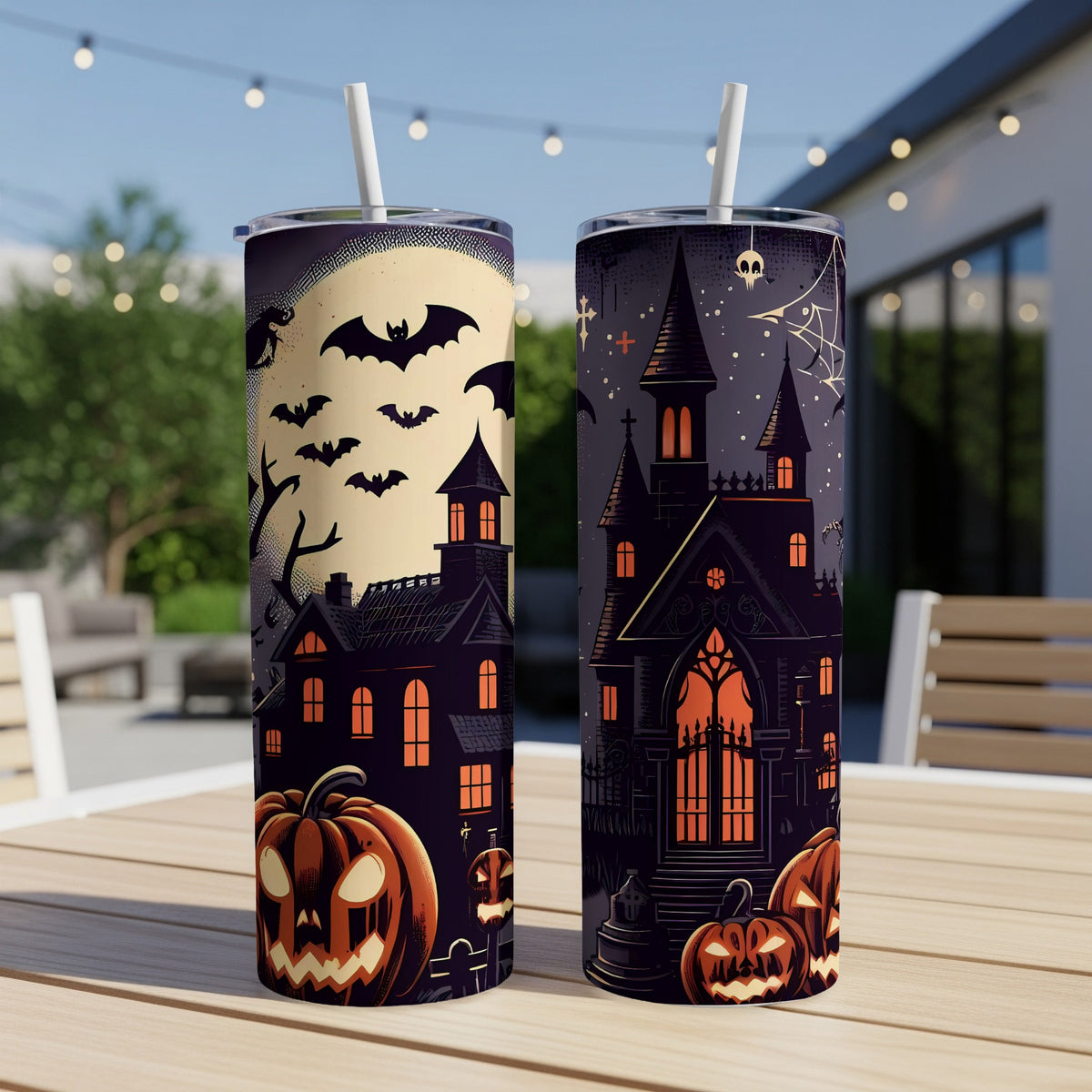 Two Halloween-themed tumblers with haunted houses, pumpkins, and bats.