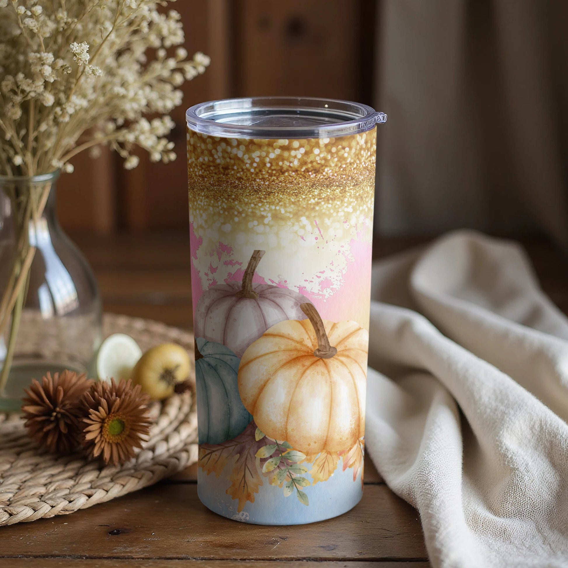Autumnal Glitter Ombre Pumpkin Design Tumbler Cup