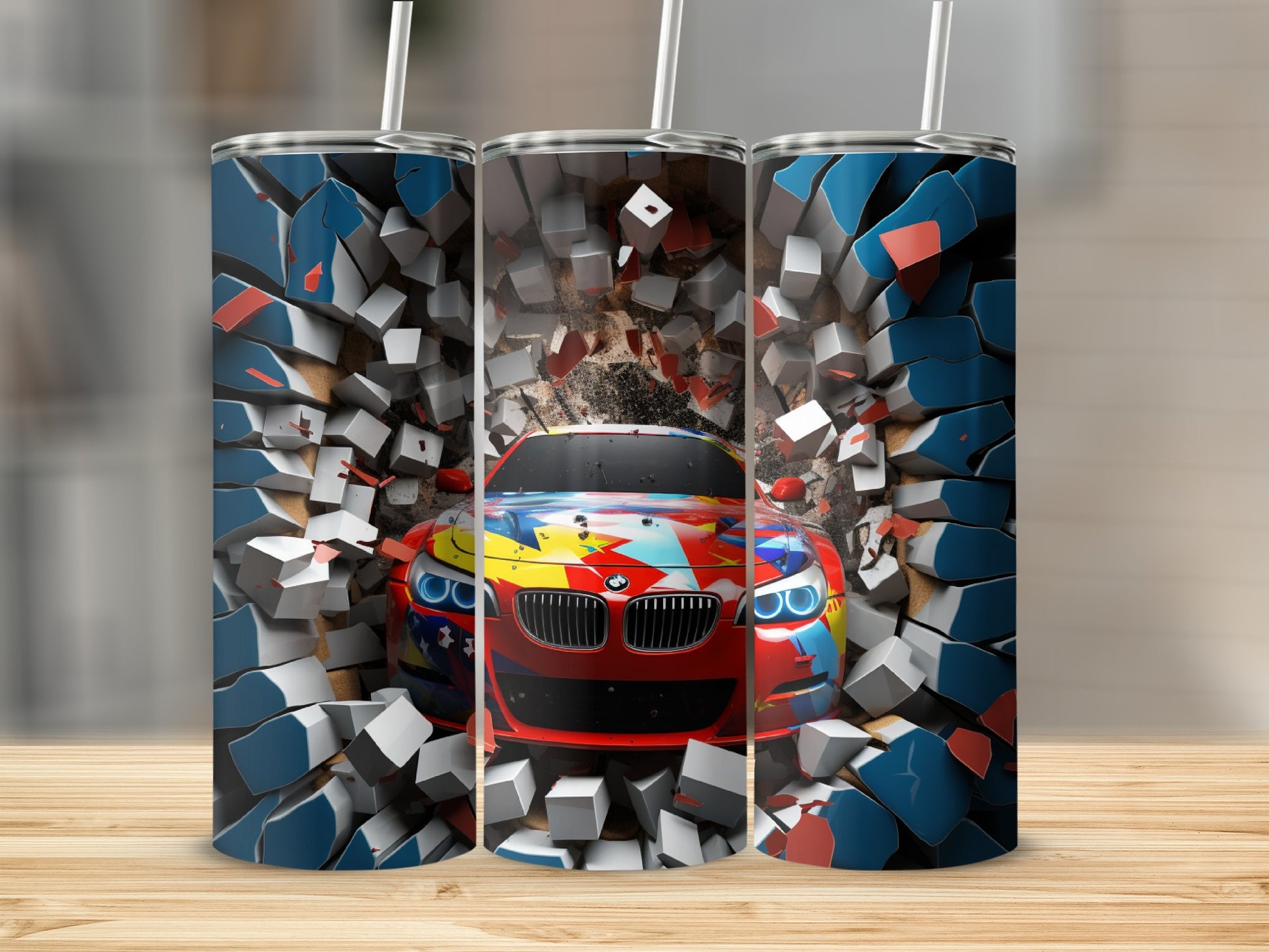 Colorful Racing Car Exploding Through Wall Tumbler Design