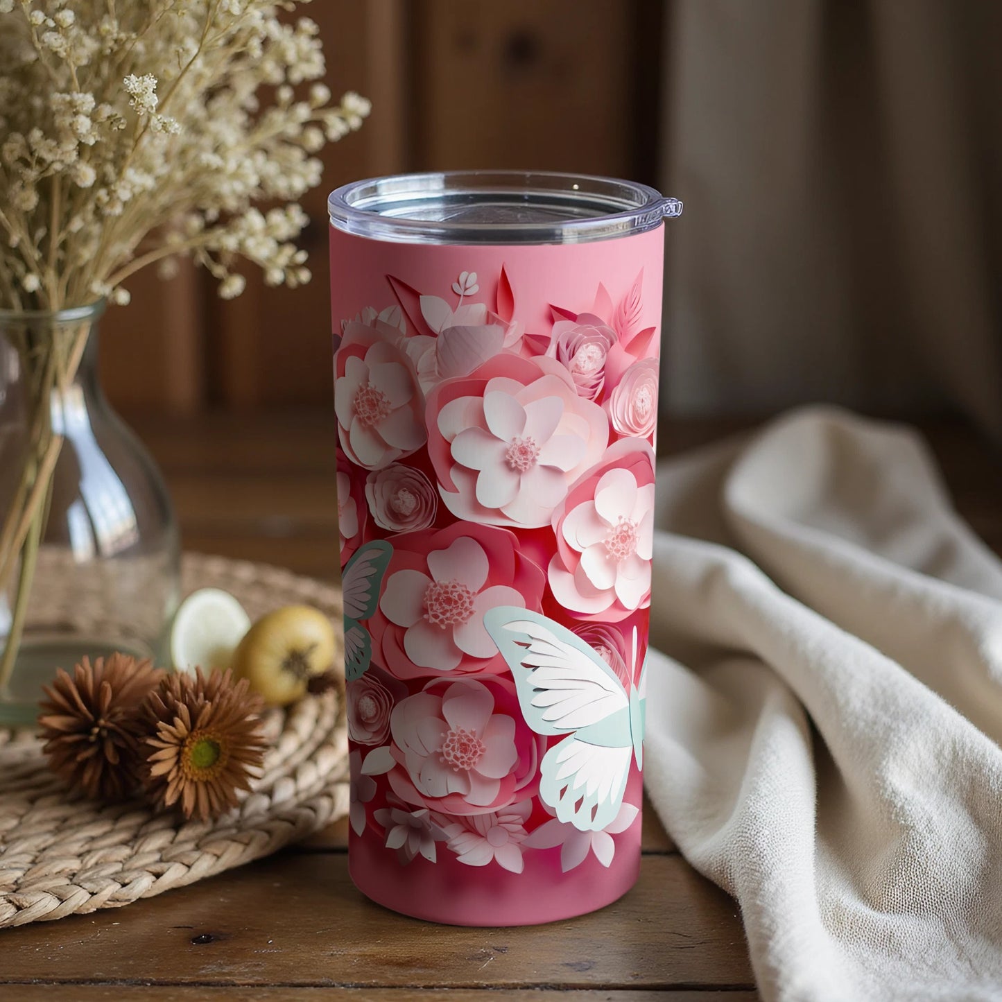 Floral and Butterfly Pink Design Insulated Tumbler Cup