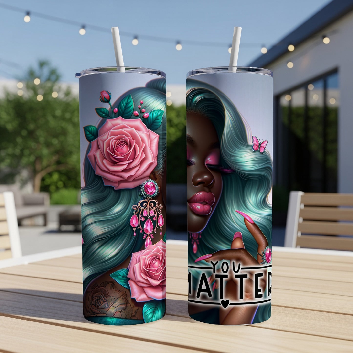 Two tumblers with a woman's face, pink roses, and "You Matter" text.