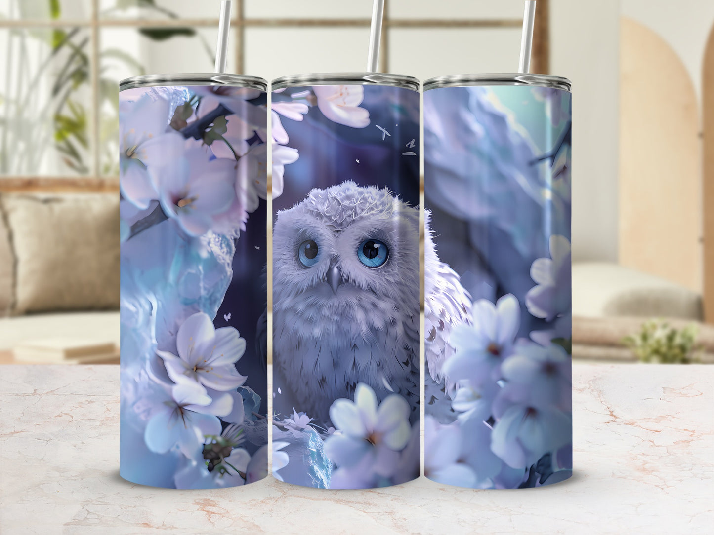 White owl with blue eyes surrounded by delicate white flowers.
