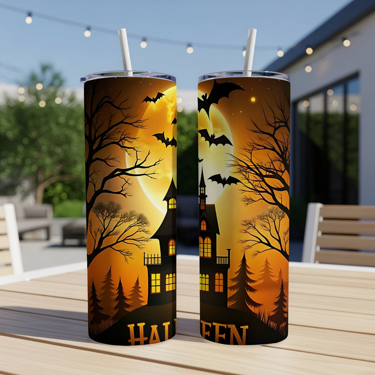 Two Halloween-themed tumblers with spooky houses, bats, and a full moon.