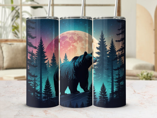 Bear silhouetted against a large moon and starry night sky, pine trees surrounding.