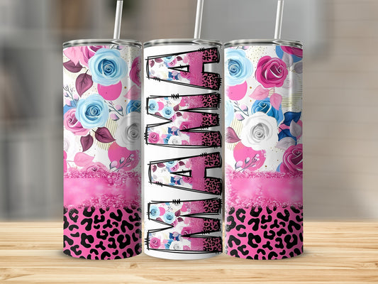 Floral and Leopard Print Pink and Blue Tumbler Design