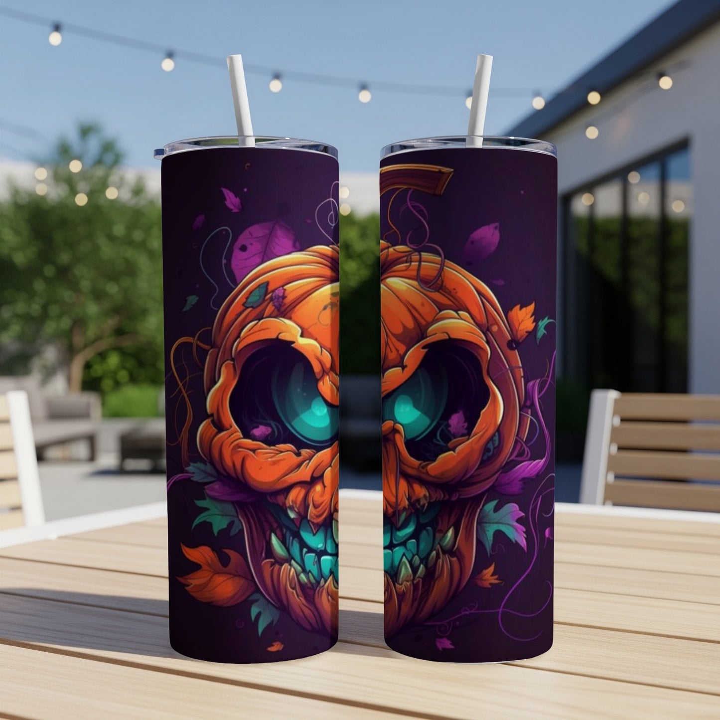 Two tumblers with a spooky, stylized jack-o'-lantern face design.