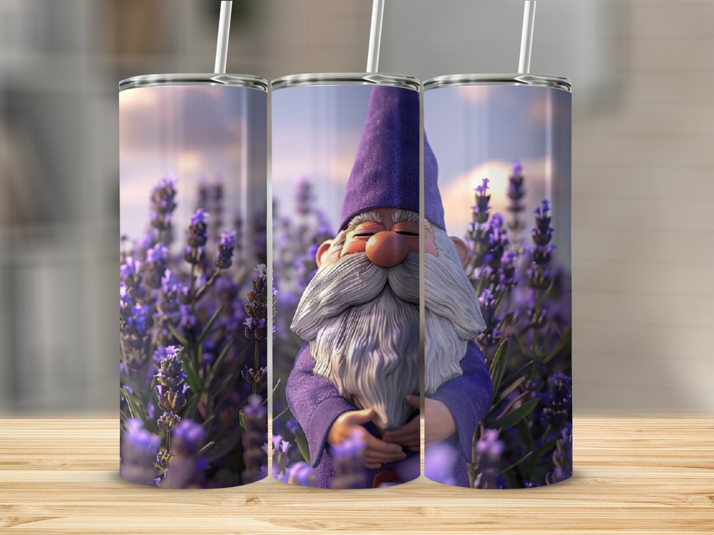 Gnome holding lavender with purple hat on wooden table.