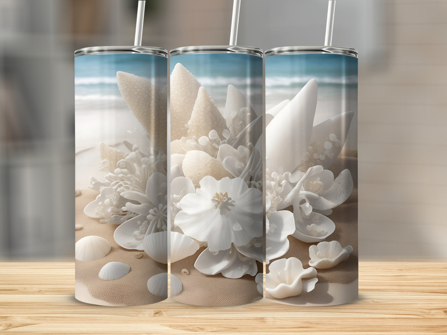 White seashell and floral design on a beach scene, 20oz tumbler mockup.