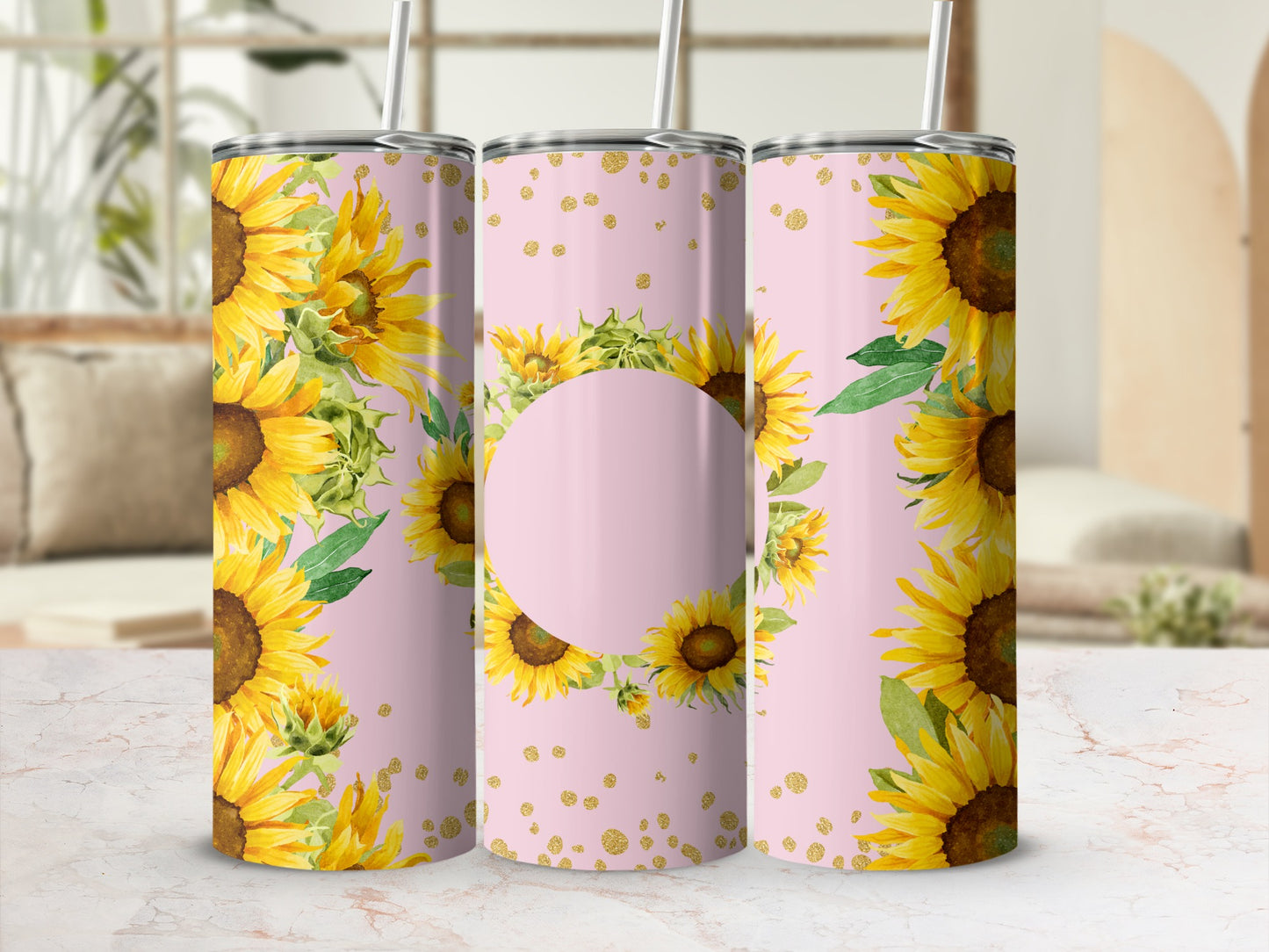 Three tumblers with sunflowers and gold polka dots on a pink background.