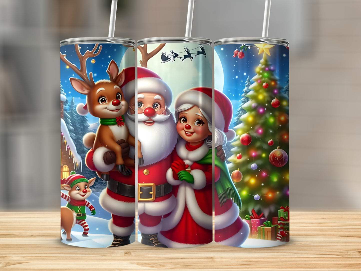 Festive Santa and Reindeer Holiday Themed Drink Tumblers