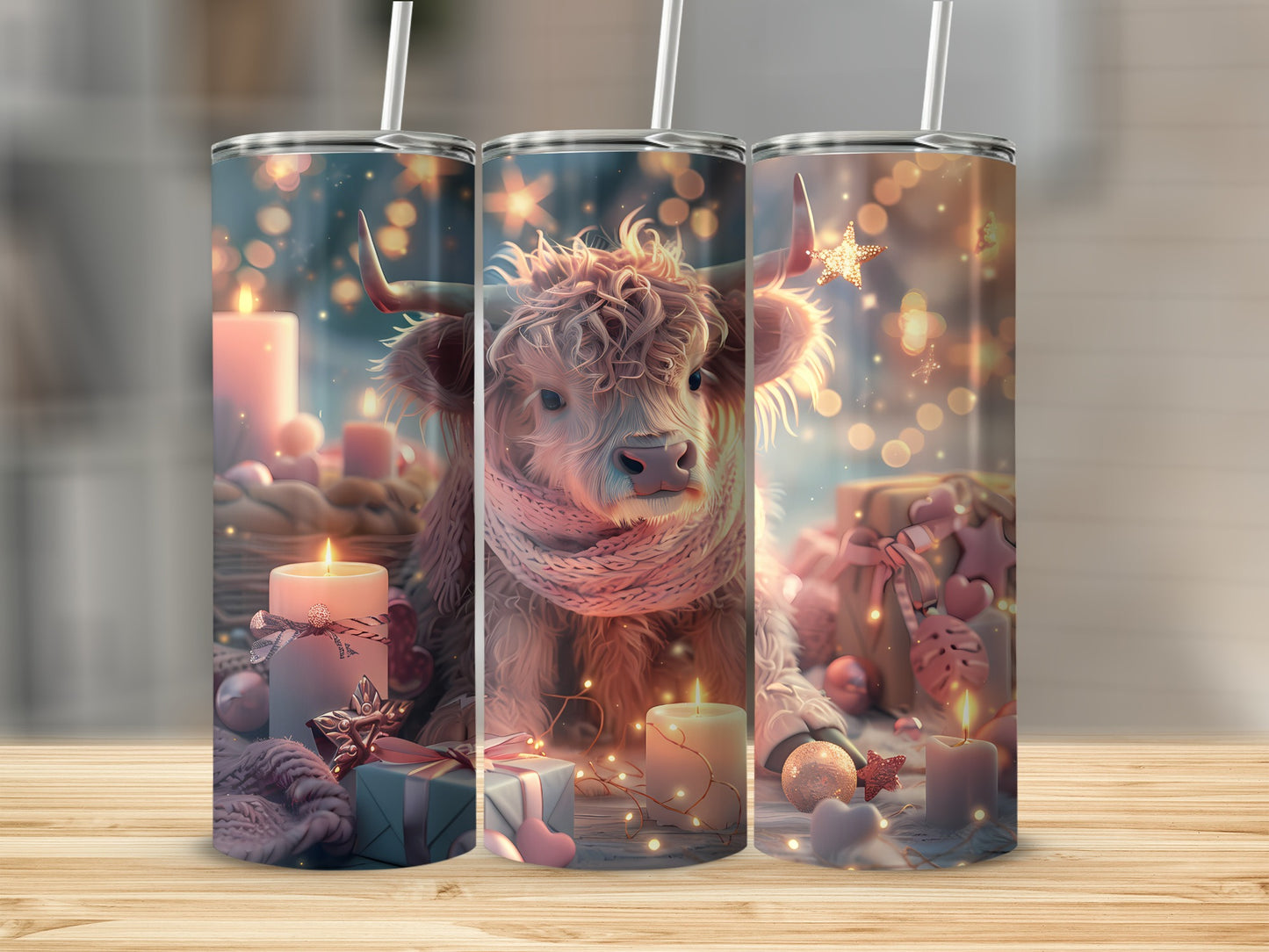 Highland cow wearing scarf, surrounded by Christmas gifts and candles.