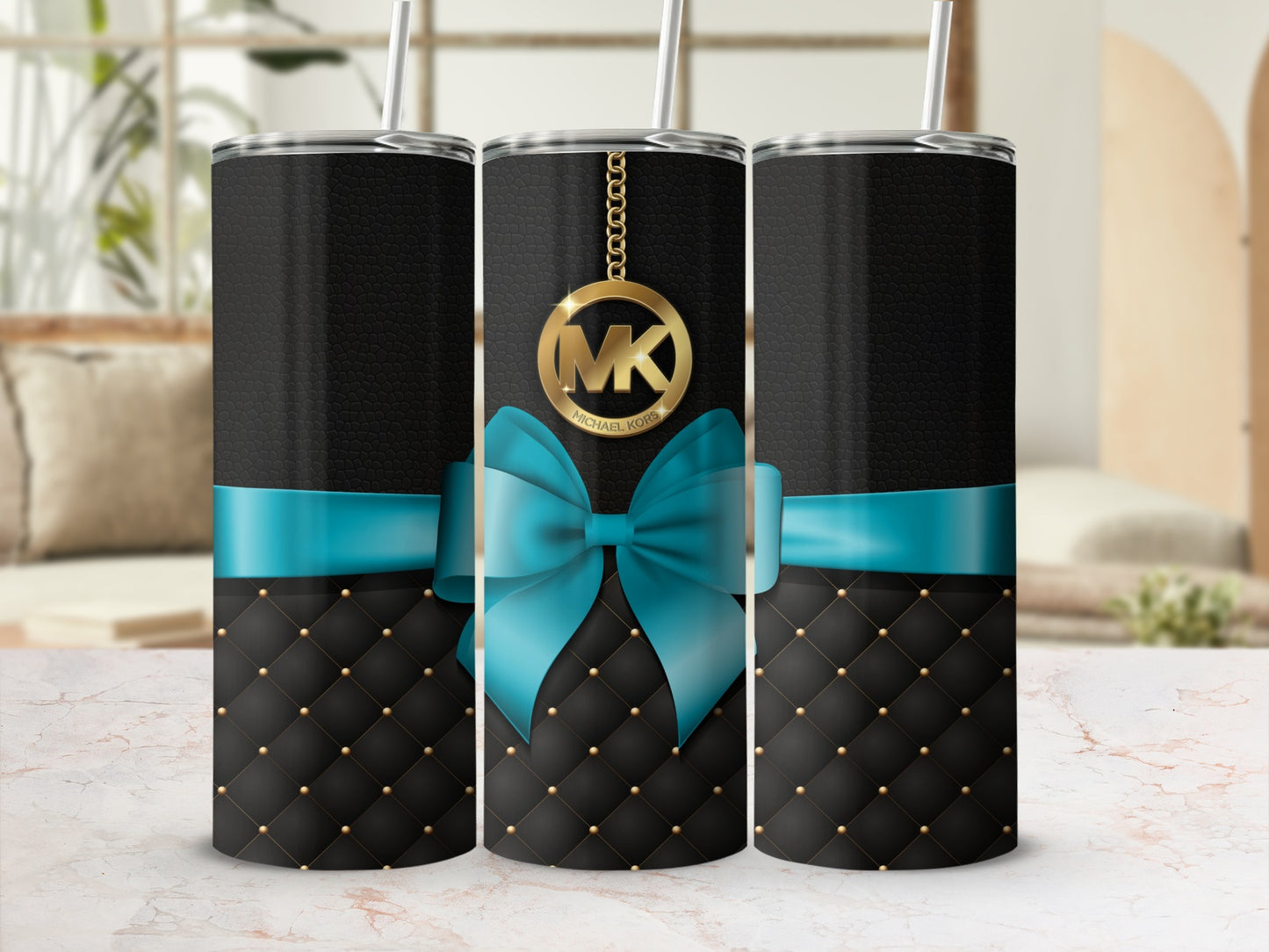 Blue Bow Accent Black Tumbler with MK Logo Design