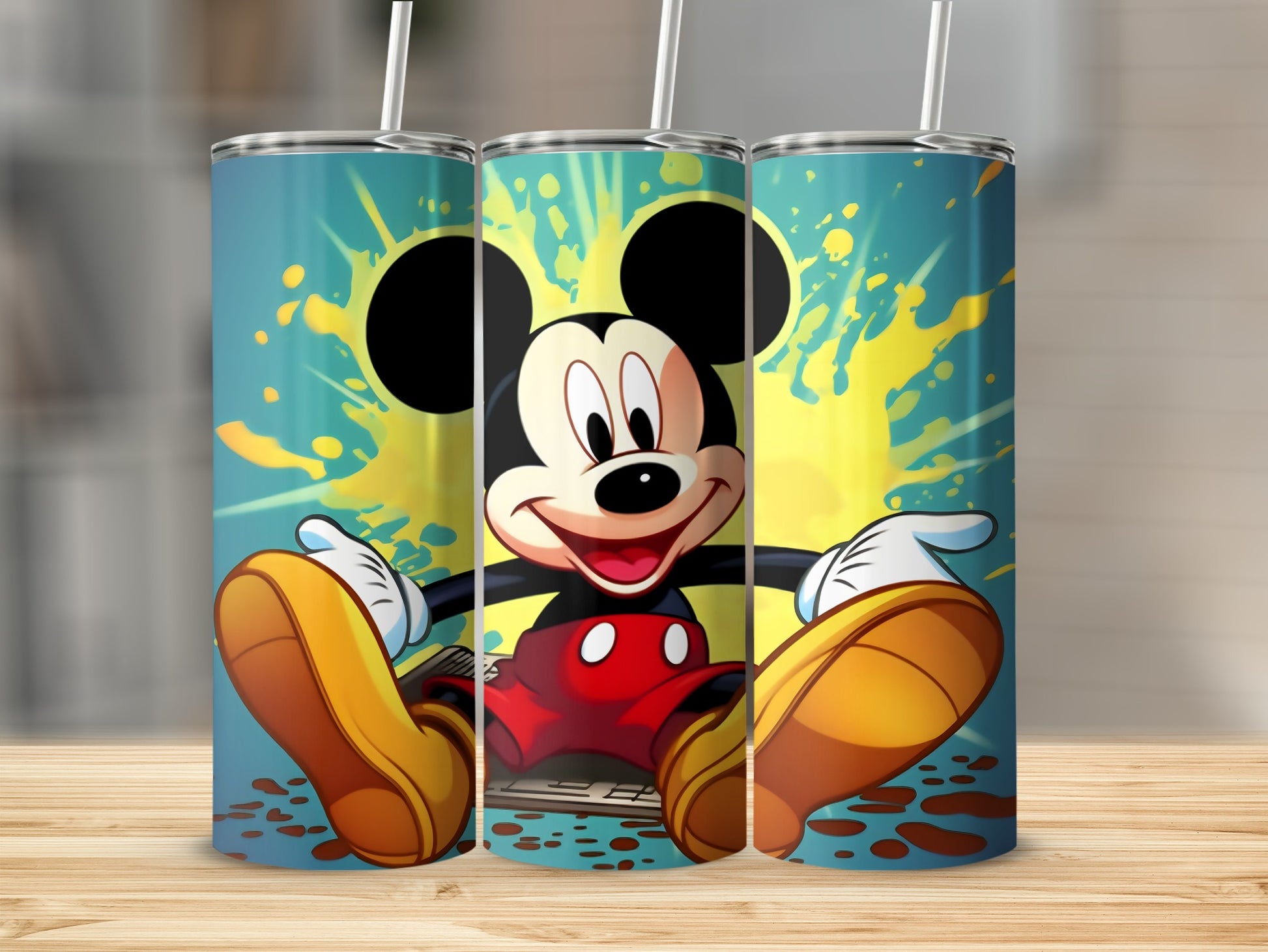 Vibrant Mickey Mouse Tumbler with Fun Splash Background