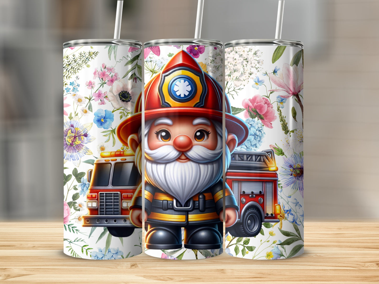 Cute Firefighter Gnome with Floral Design Tumbler