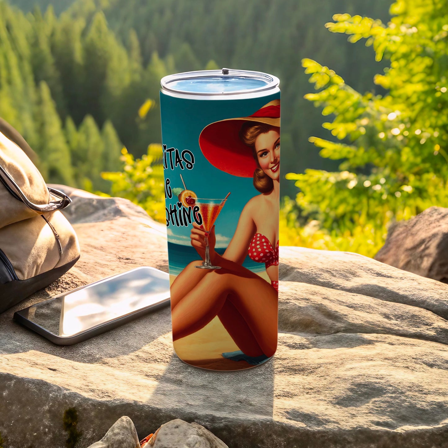 Beach girl with cocktail on tumbler with "Summer Vibes" text.