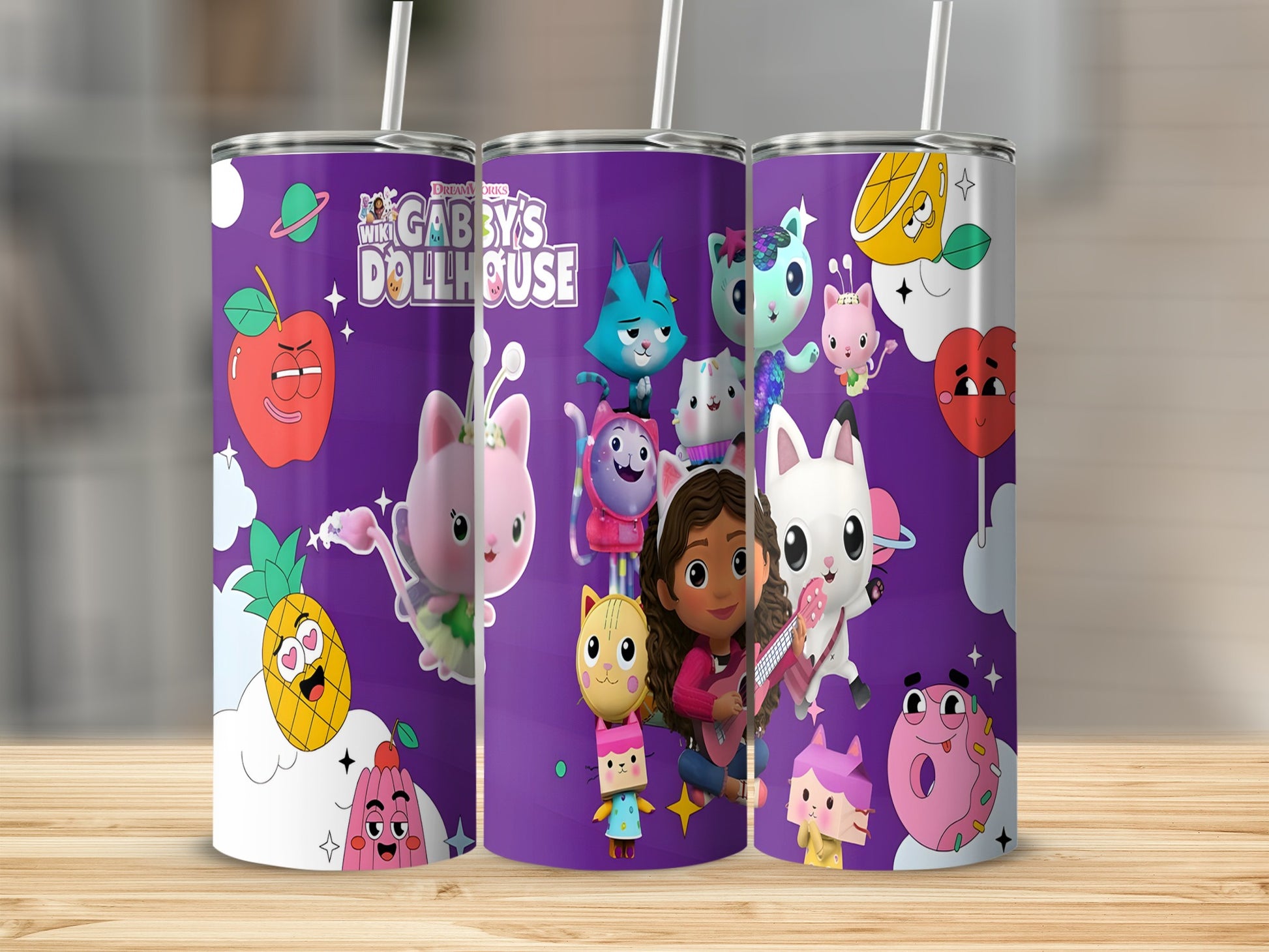 Gabby's Dollhouse characters on a purple tumbler with fruit and jelly.