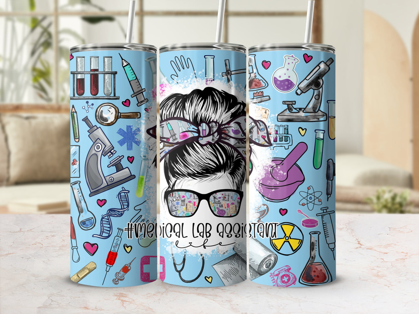 Light blue tumbler with medical laboratory assistant design and various science icons.