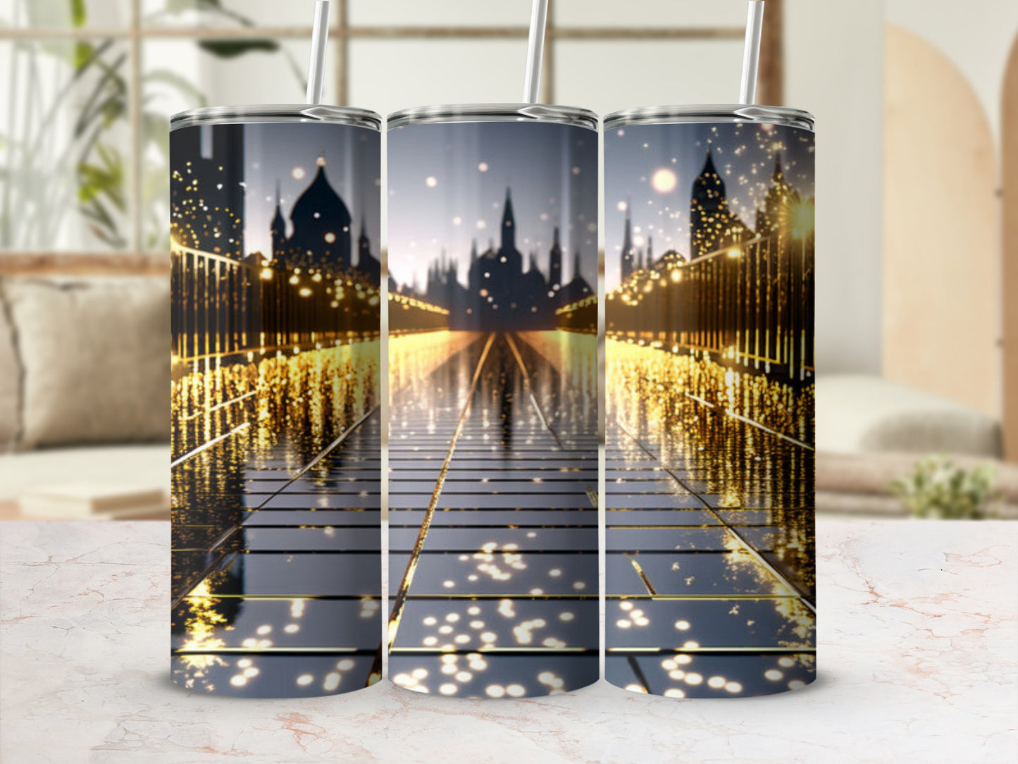 Three tumblers with a cityscape and bokeh lights design.