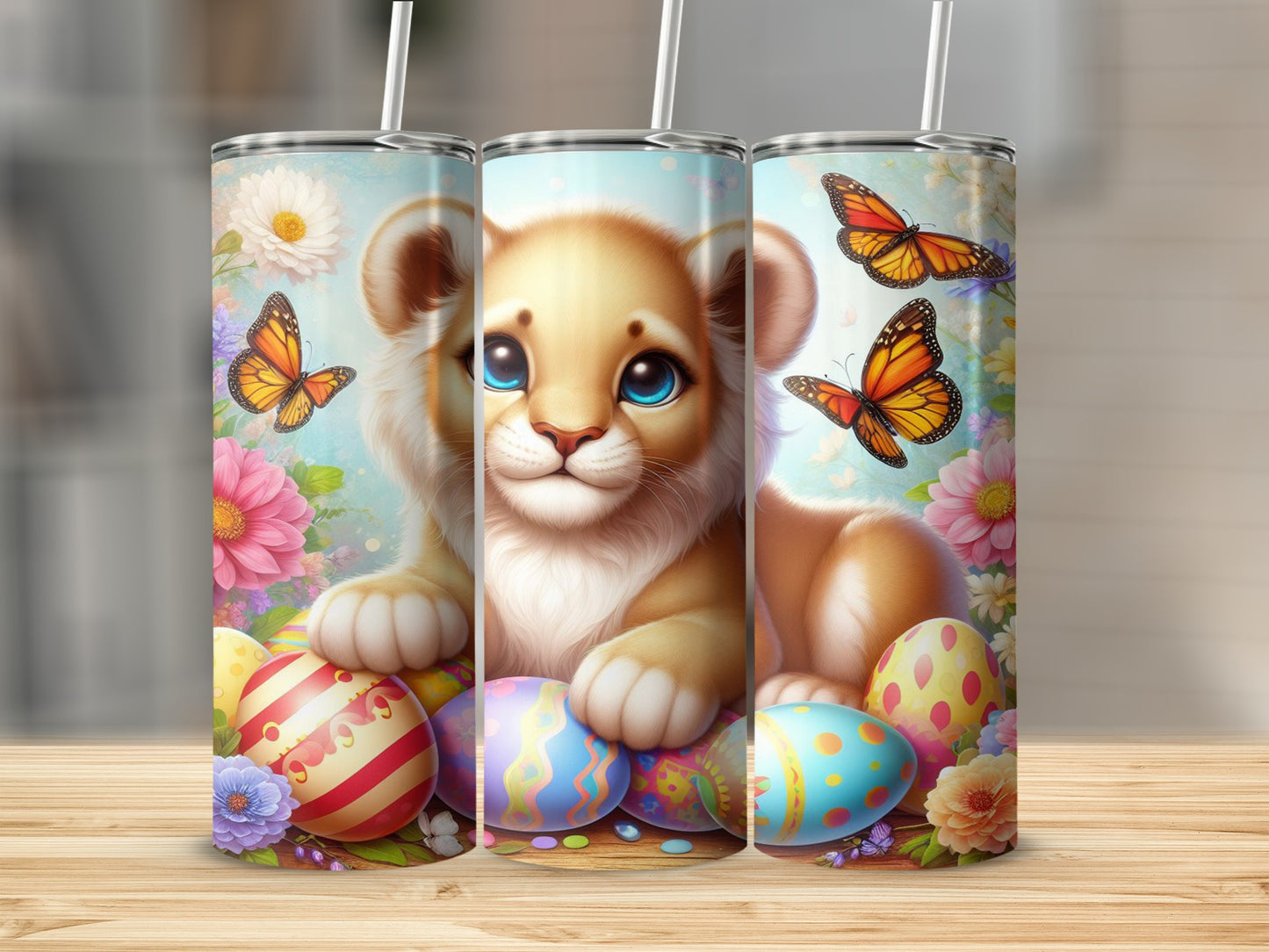 Lion cub with Easter eggs and butterflies, pink and yellow flowers.