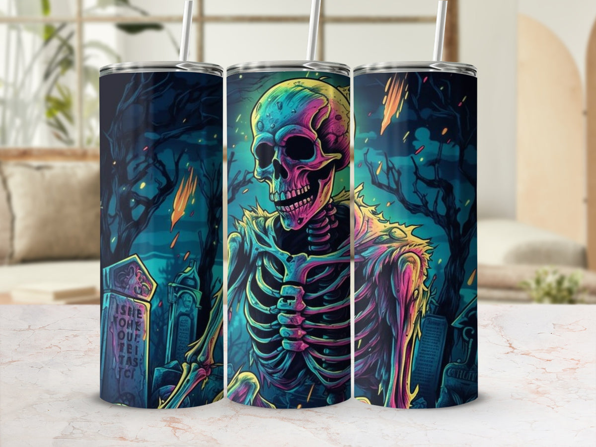 Tumblers featuring a colorful skeleton in a spooky graveyard with meteor showers.