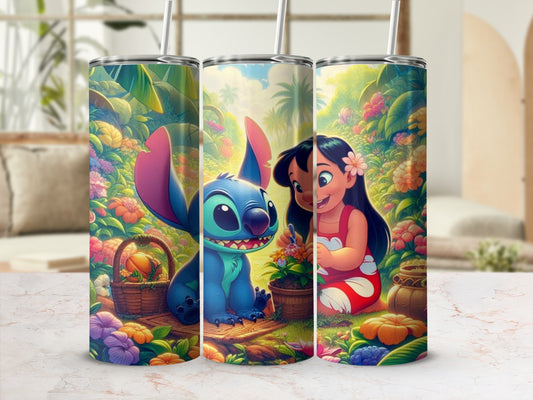 Vibrant Stitch and Lilo Garden Scene Tumbler Set