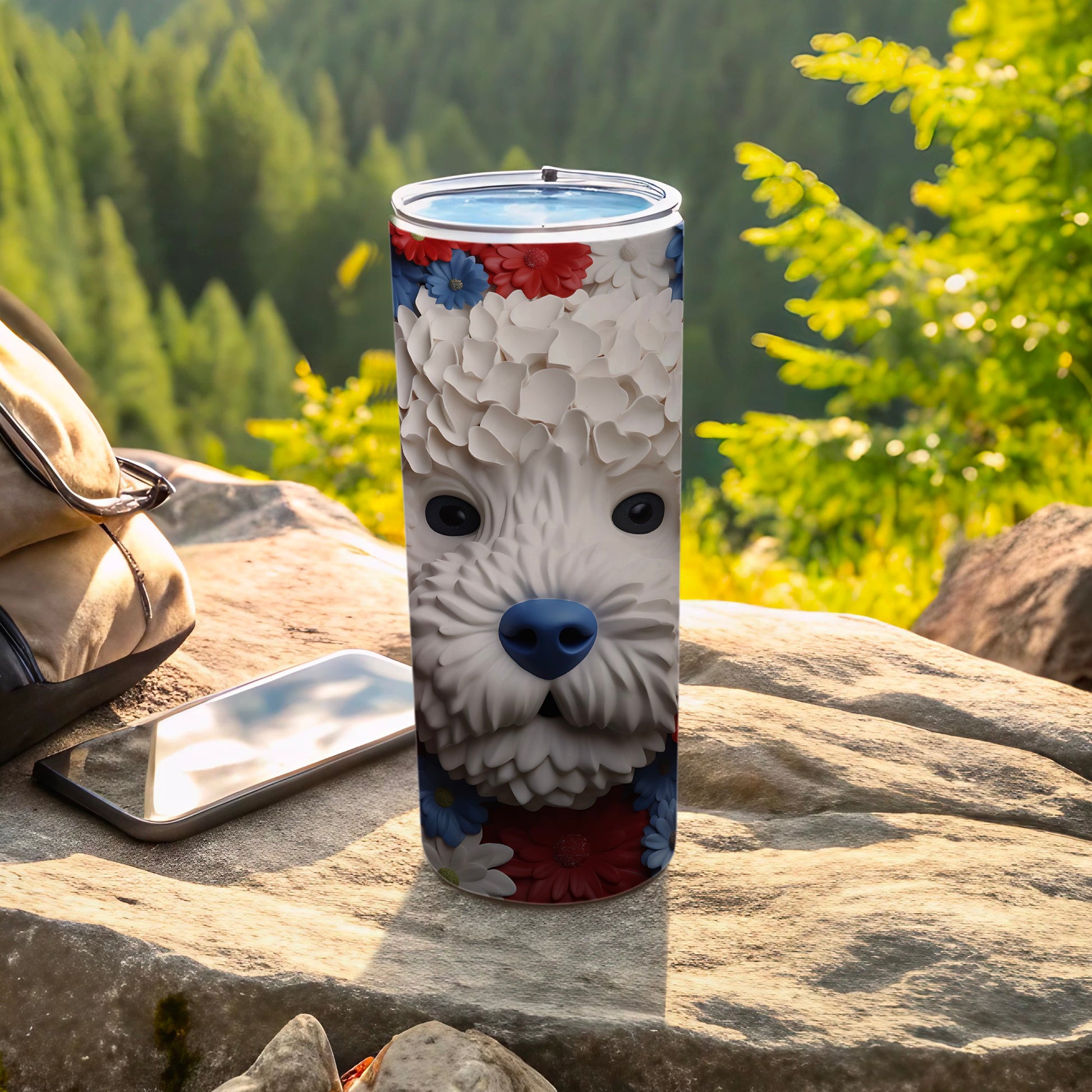 Tumbler with a close-up of a dog's face surrounded by red and white flowers.