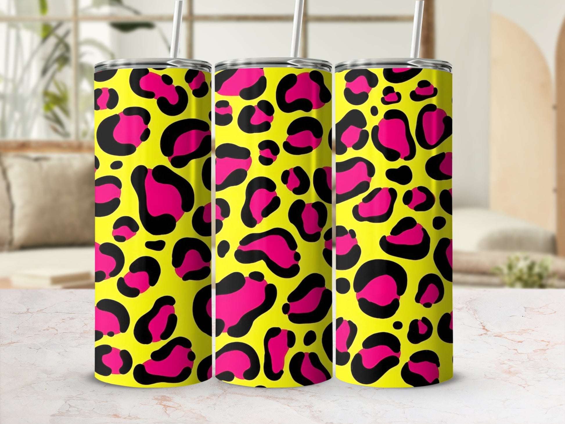 Neon Safari Pink and Yellow Leopard Print Tumbler
