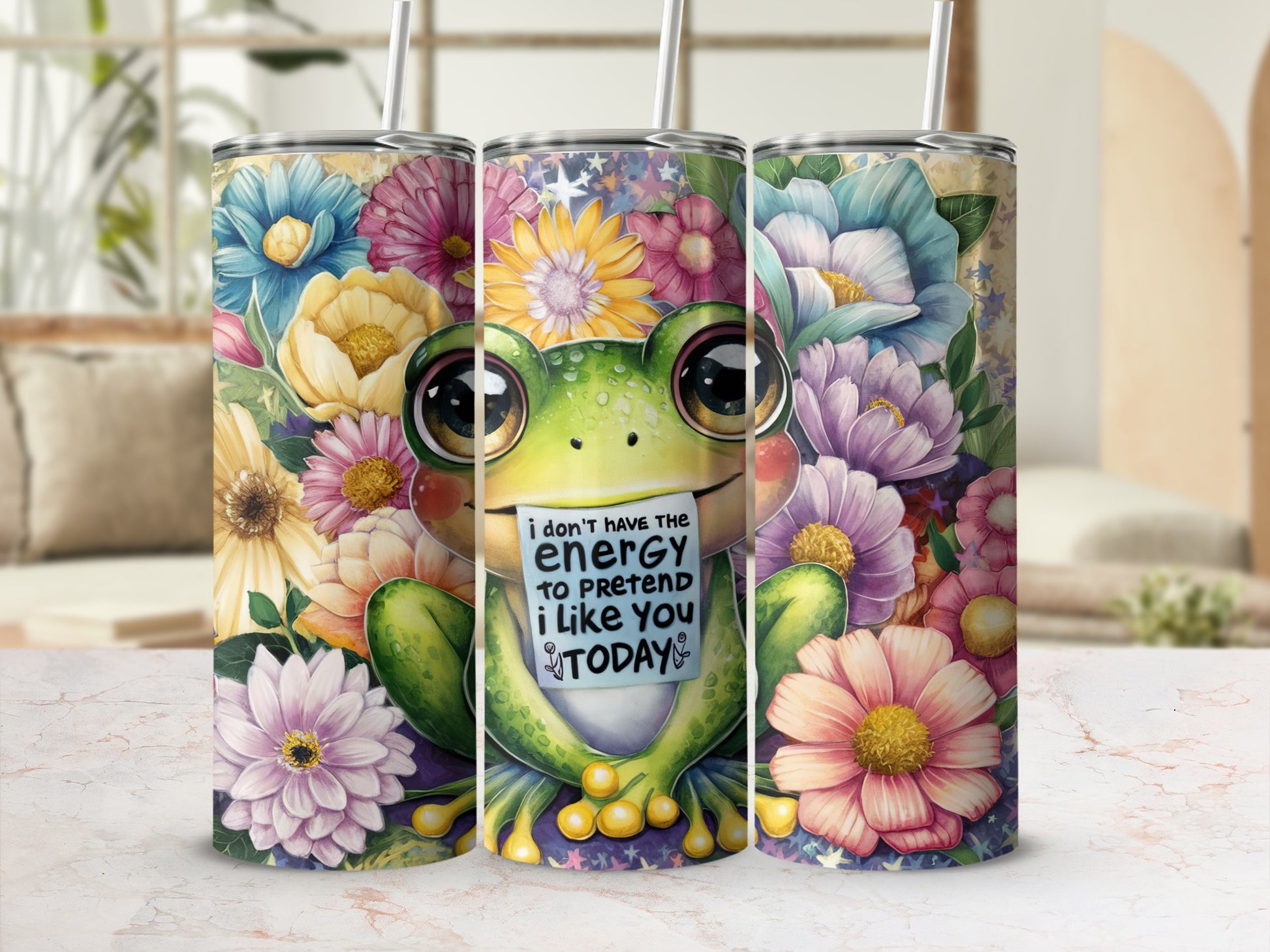 Frog with flowers and "I don't have the energy to pretend I like you today" text.