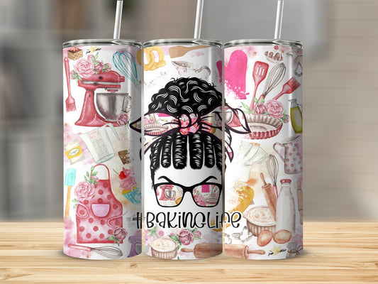 Tumbler with baking illustrations and "#BakingLife" text.
