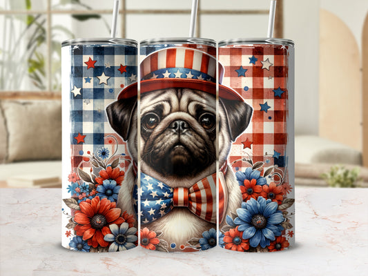 Tumbler with patriotic pug wearing a hat and bowtie, surrounded by flowers.