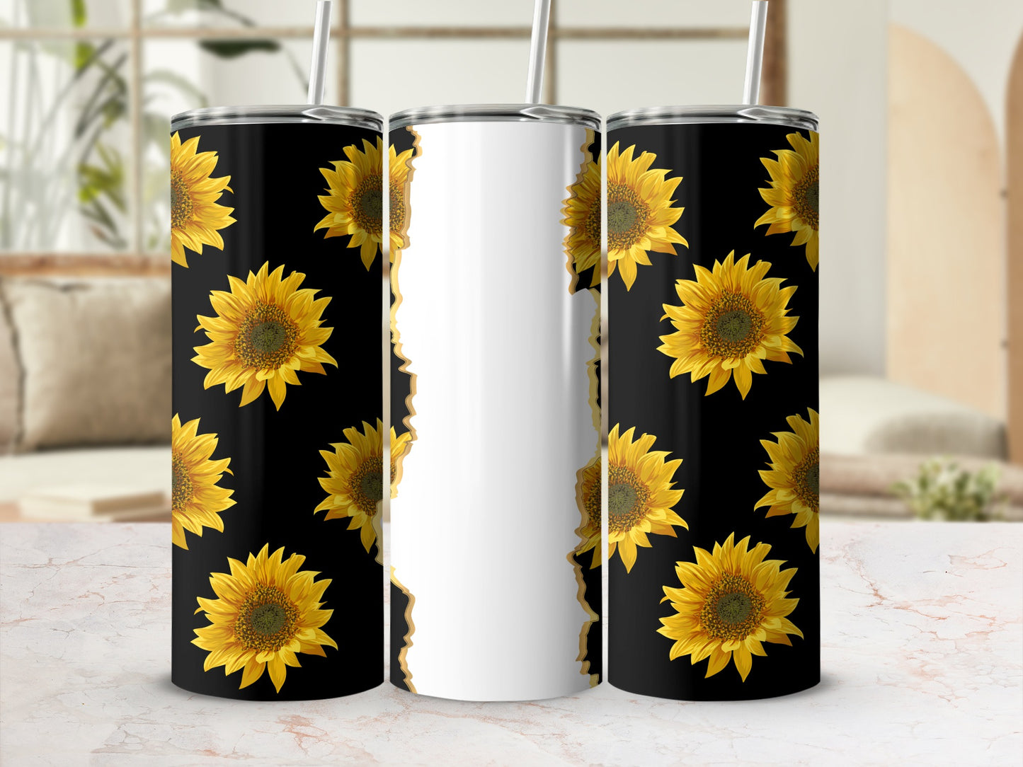 Two tumblers with black backgrounds and repeating sunflower patterns.