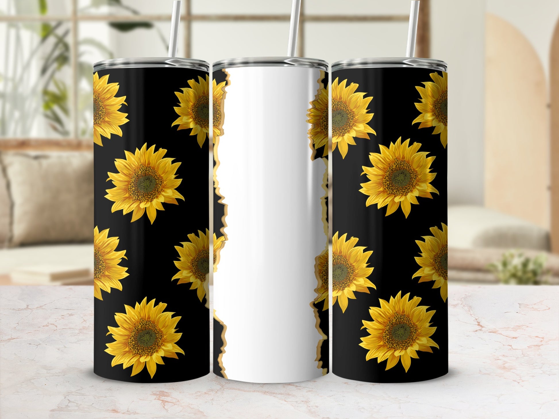 Two tumblers with black backgrounds and repeating sunflower patterns.
