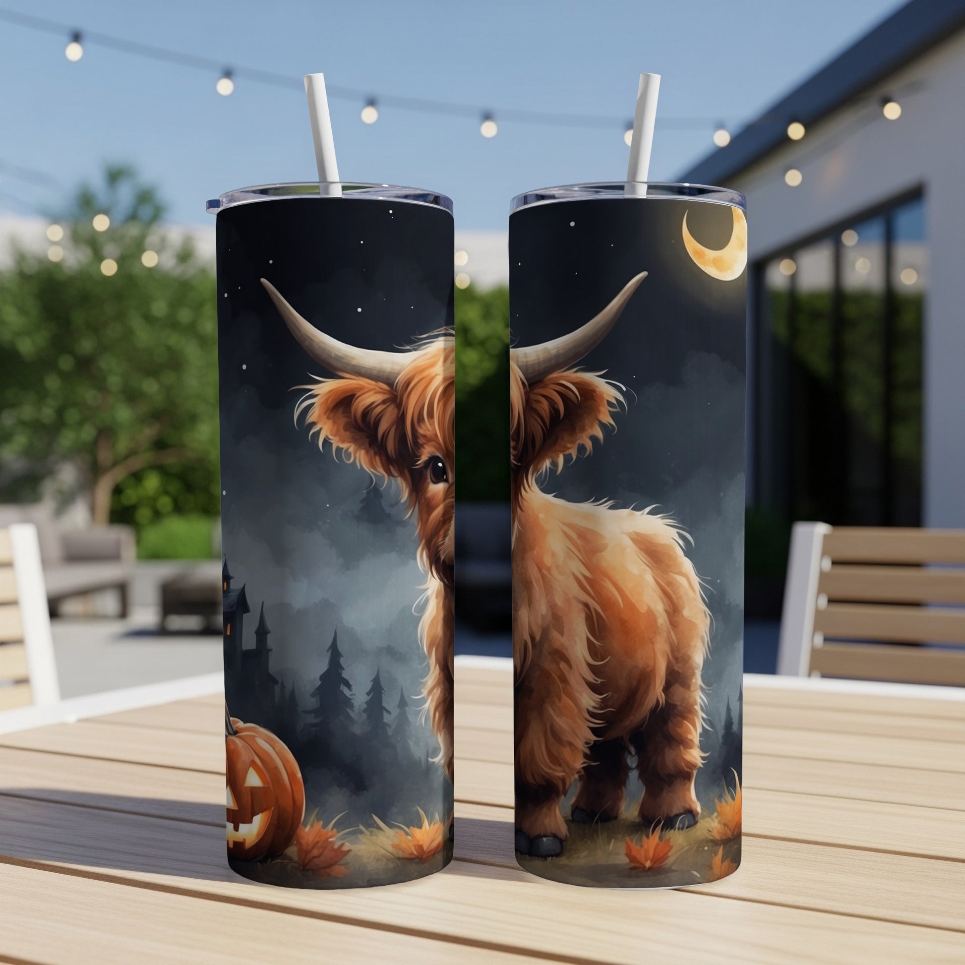 Highland cow with pumpkin and moon on a Halloween-themed tumbler.