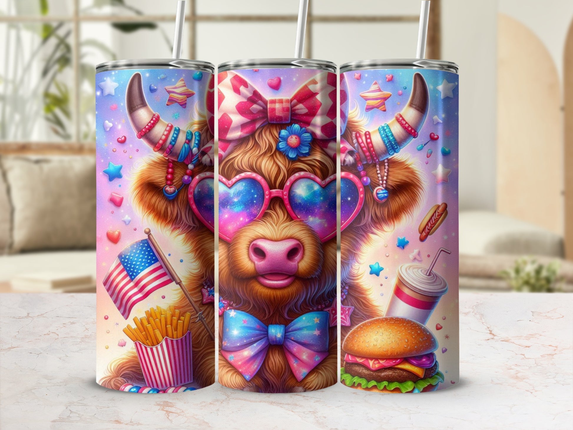 Cow wearing sunglasses and patriotic bow ties with burger and fries.
