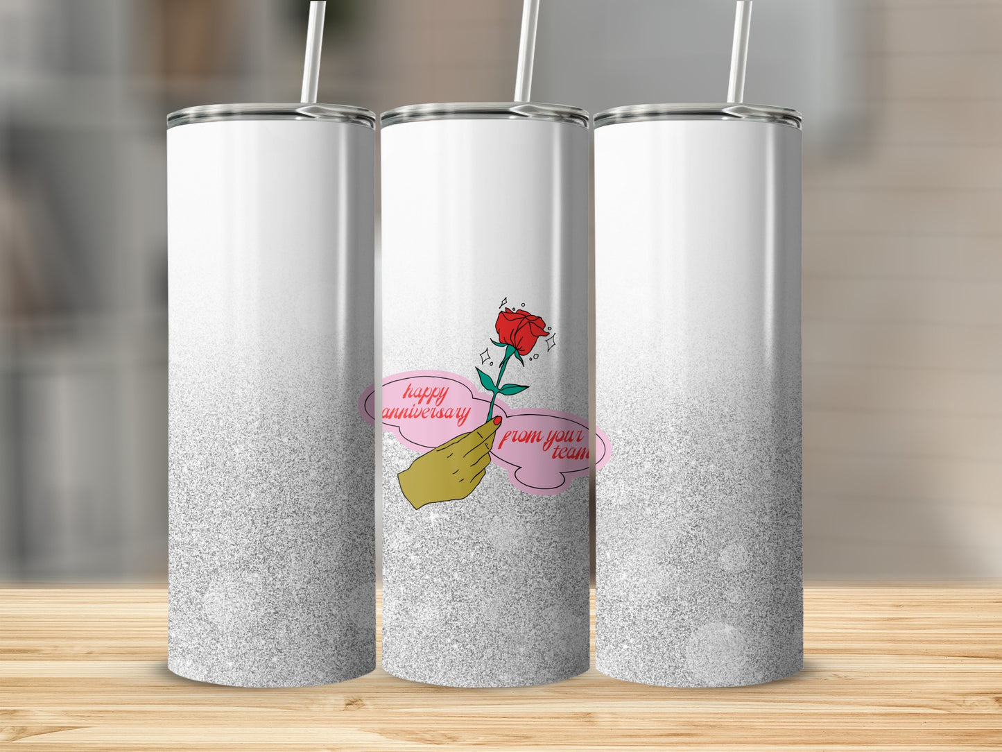 White glitter tumbler with "Happy Anniversary" and rose design.