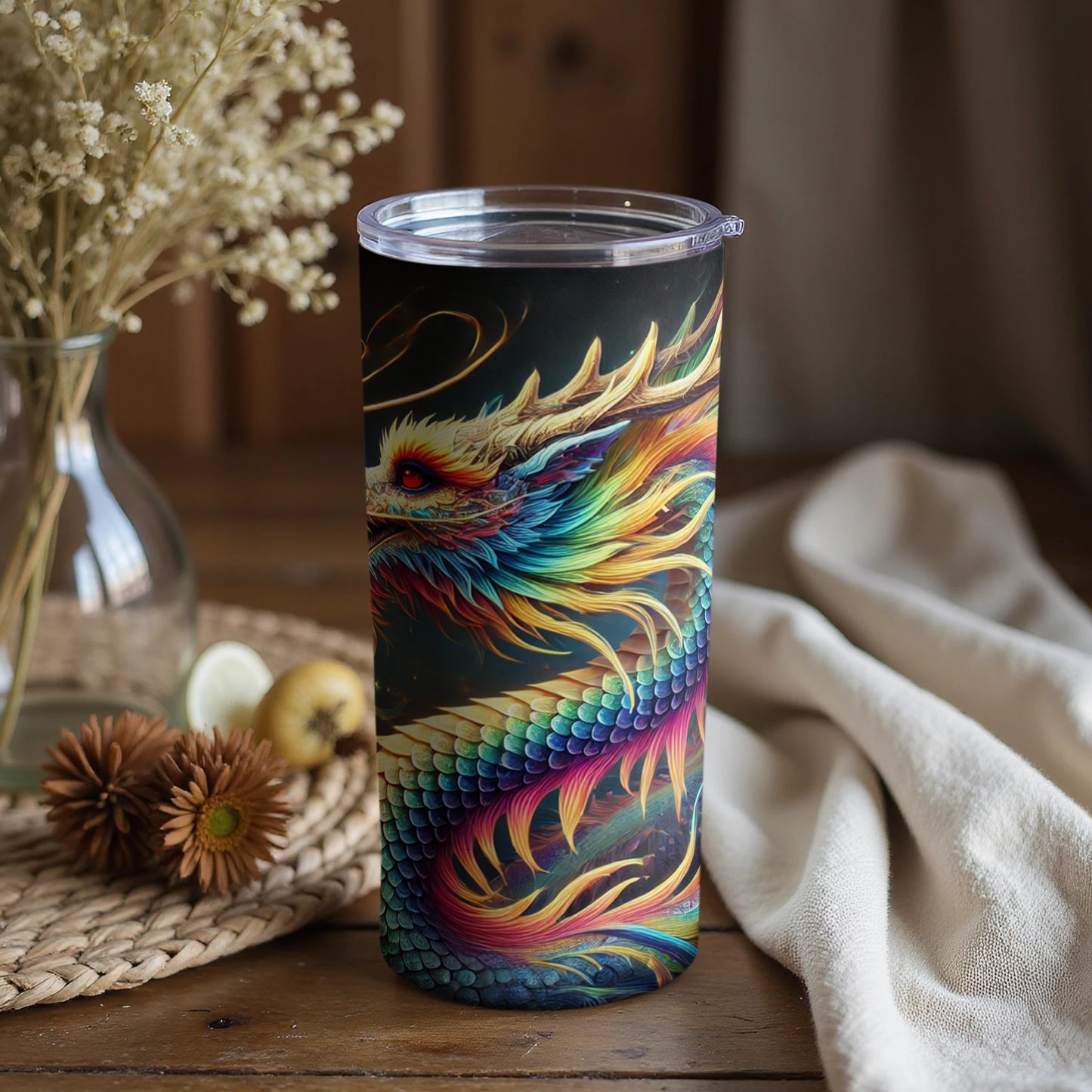 Colorful Dragon Artwork Tumbler with Lid Travel Mug