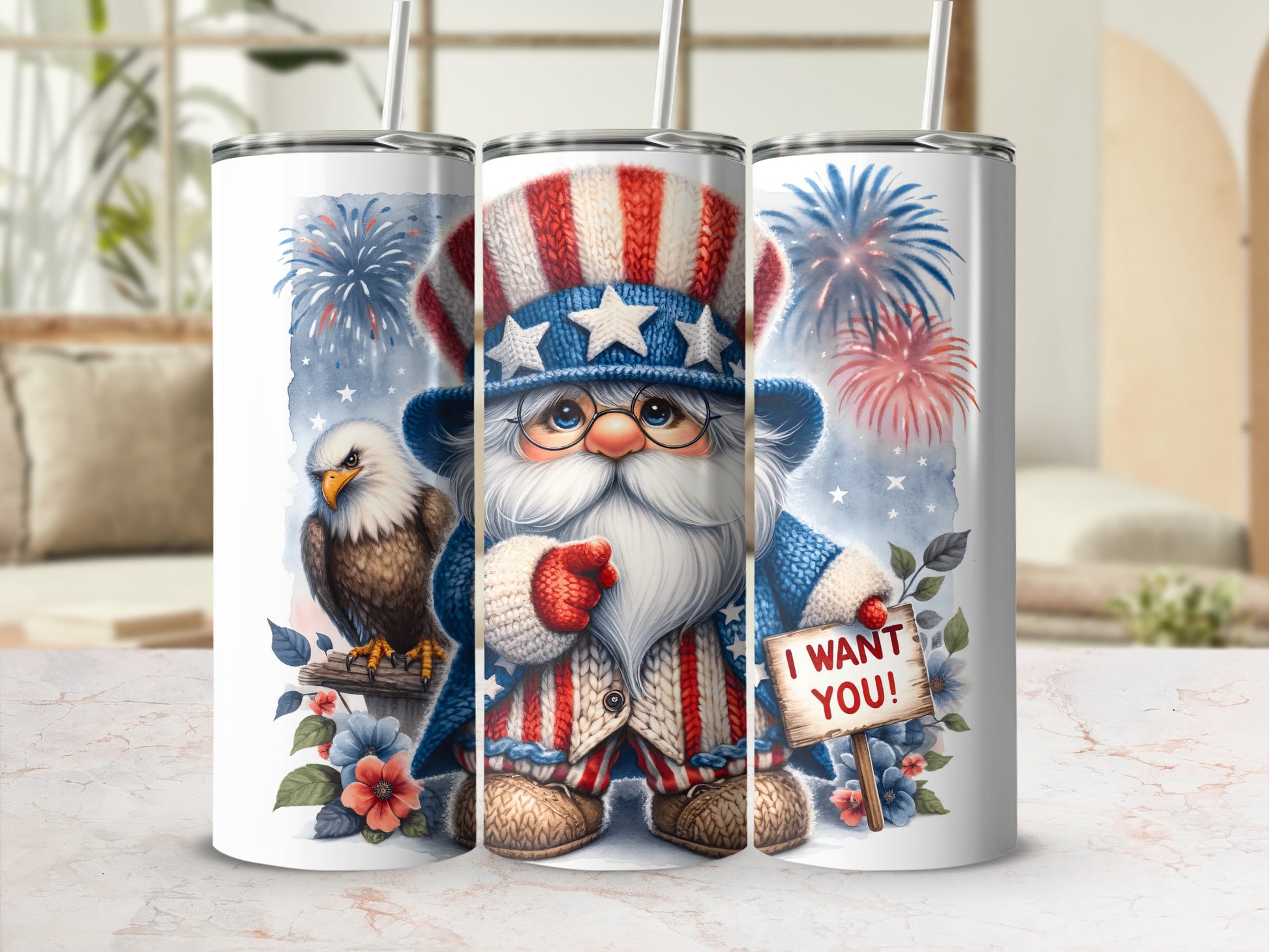 Uncle Sam gnome with eagle, fireworks, and "I WANT YOU!" sign.