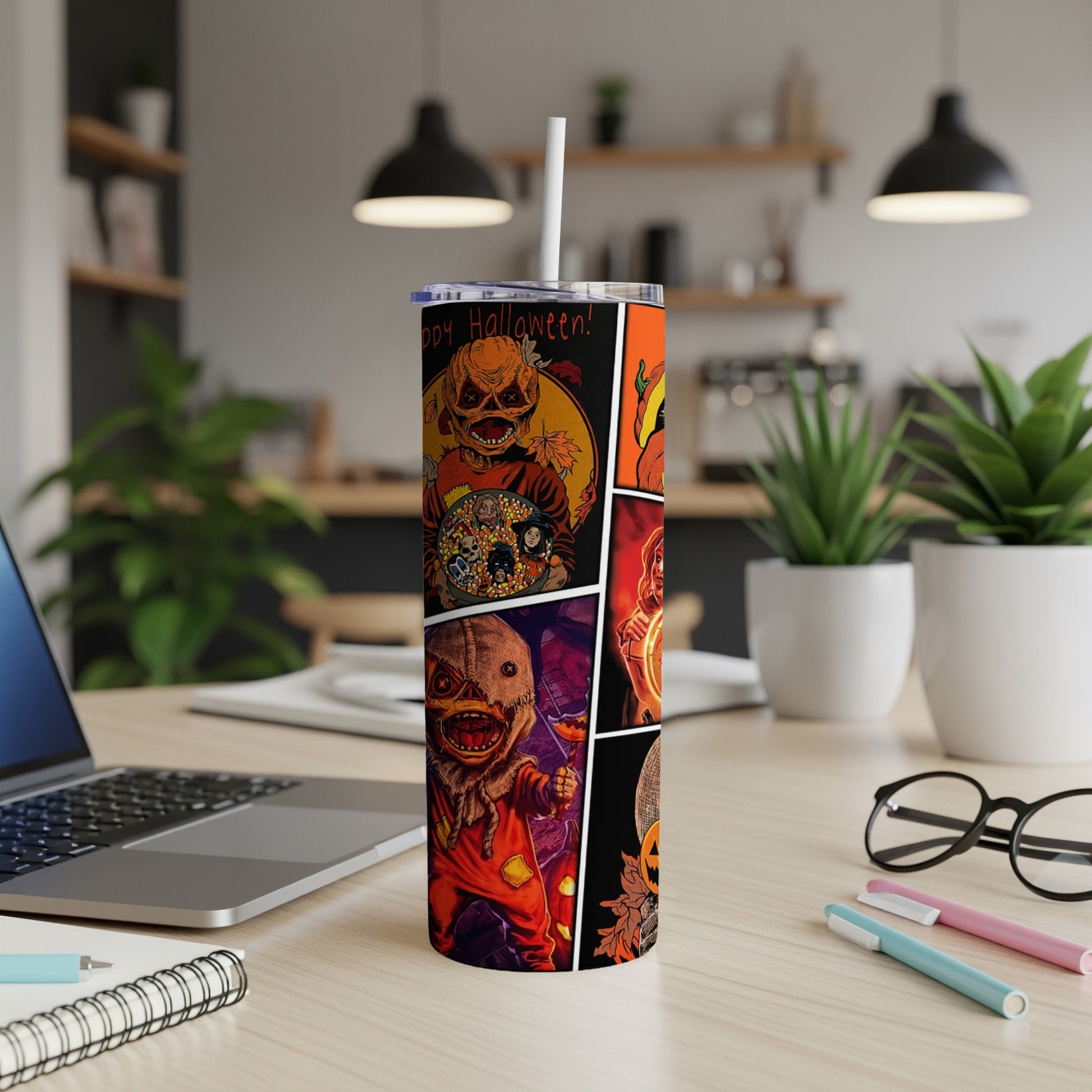 Tumbler with Halloween comic panel art and "Happy Halloween!" text.