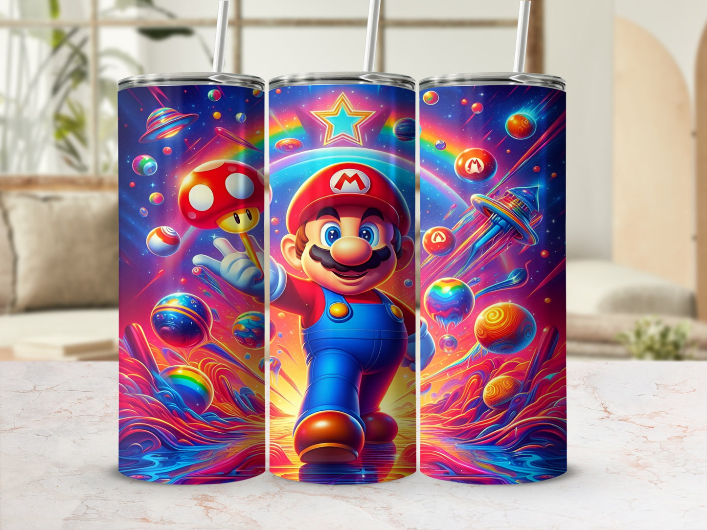 Mario character with colorful, vibrant background featuring mushrooms, stars, and planets.