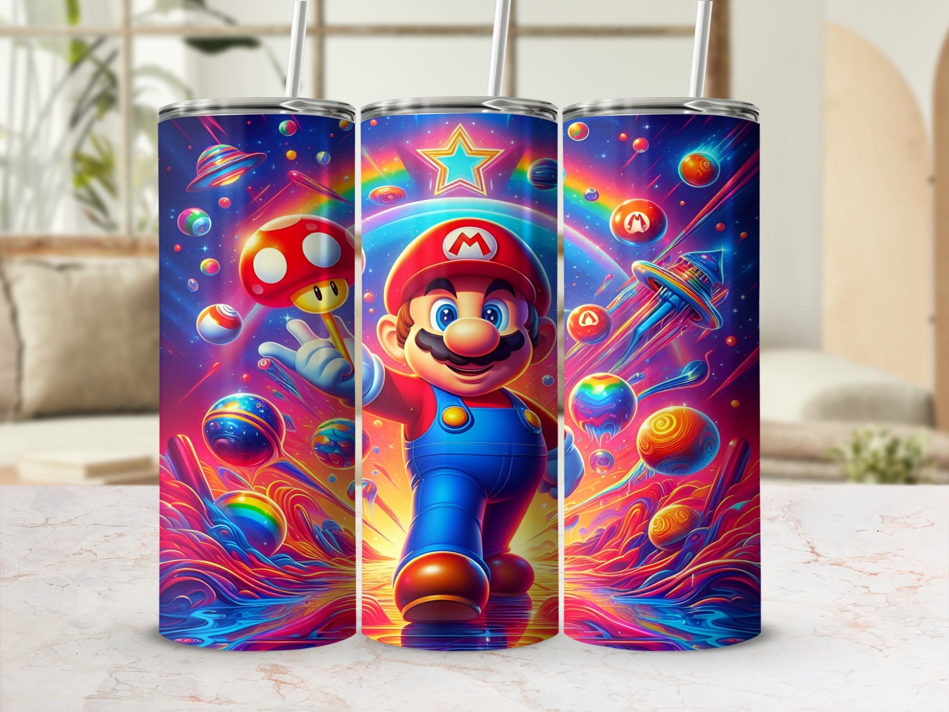 Mario character with colorful, vibrant background featuring mushrooms, stars, and planets.