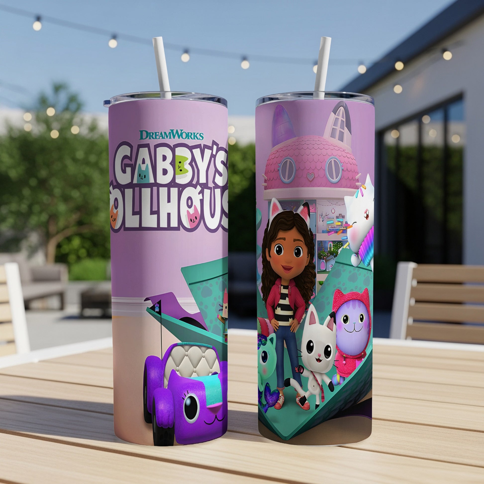 Gabby's Dollhouse tumbler with Gabby, Pandy Paws, and character vehicles.