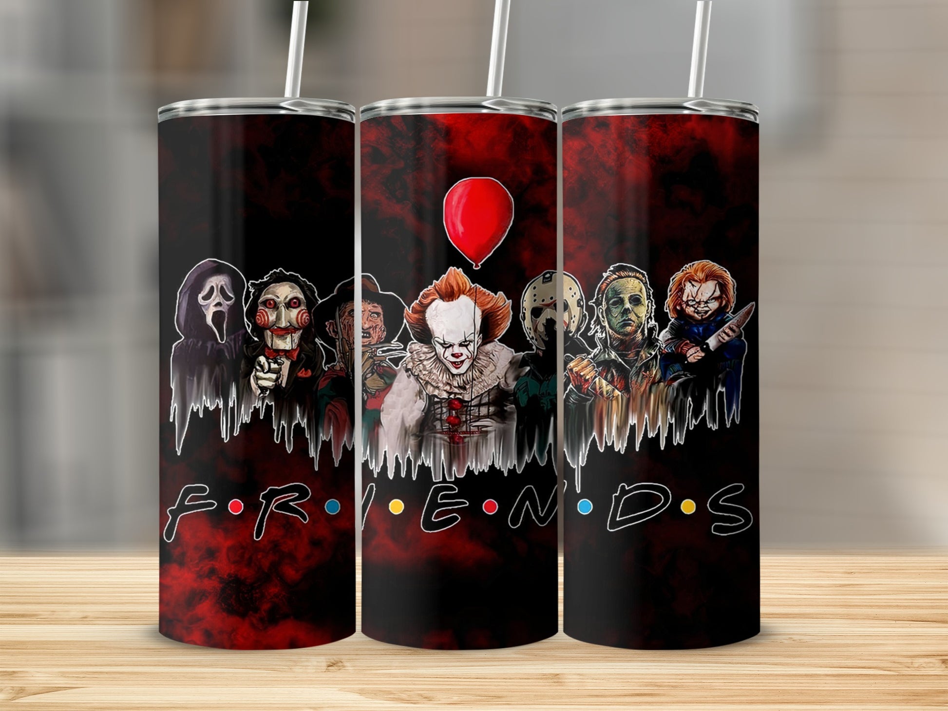 Horror movie characters in Friends logo style on tumbler.
