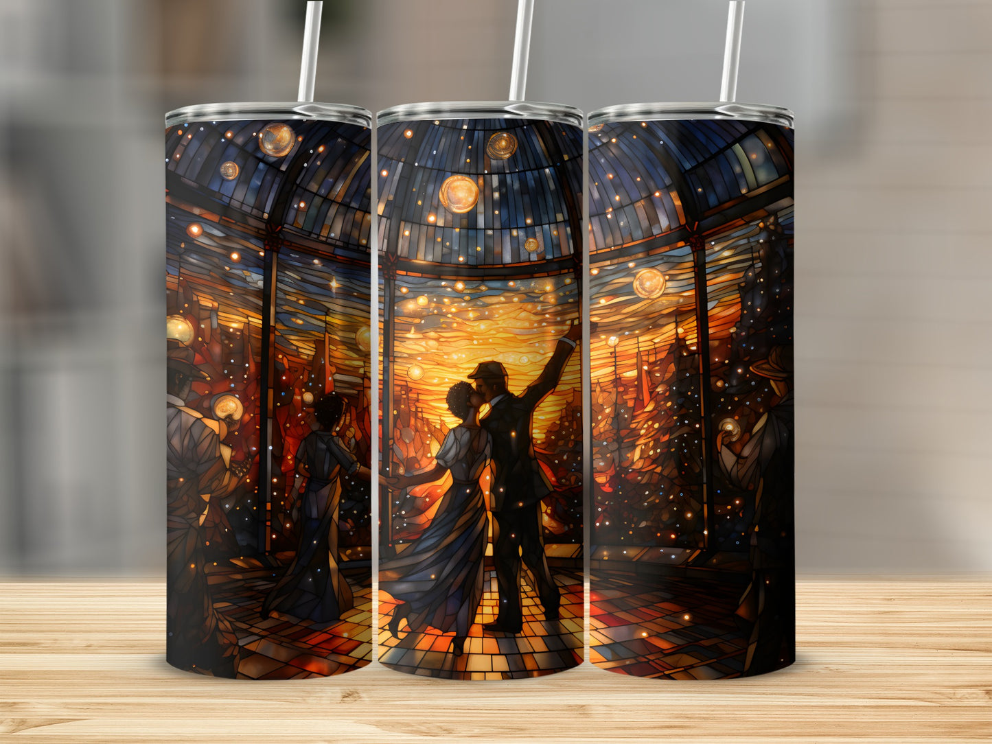 Couple dancing under stained-glass dome with glowing orbs and Christmas trees.