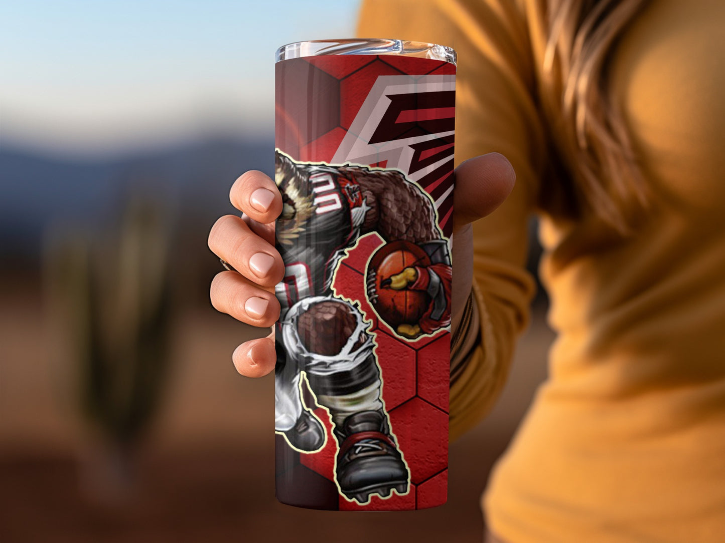 Fierce Football Player Themed Tumbler with Red Hexagon Design