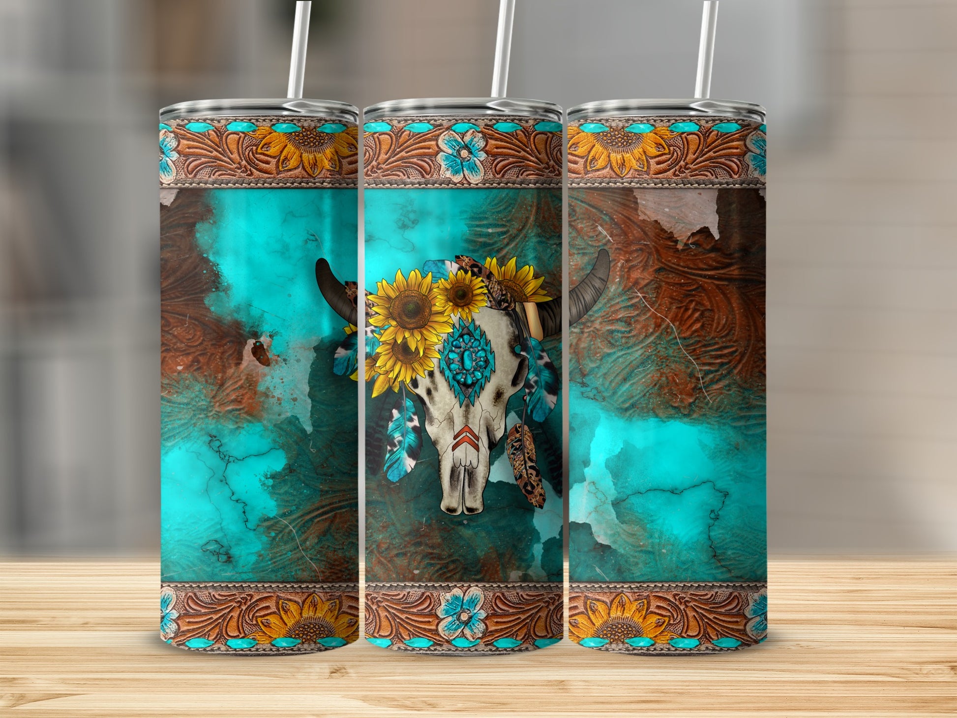 Cow skull with sunflowers and feathers on turquoise background, triple view.