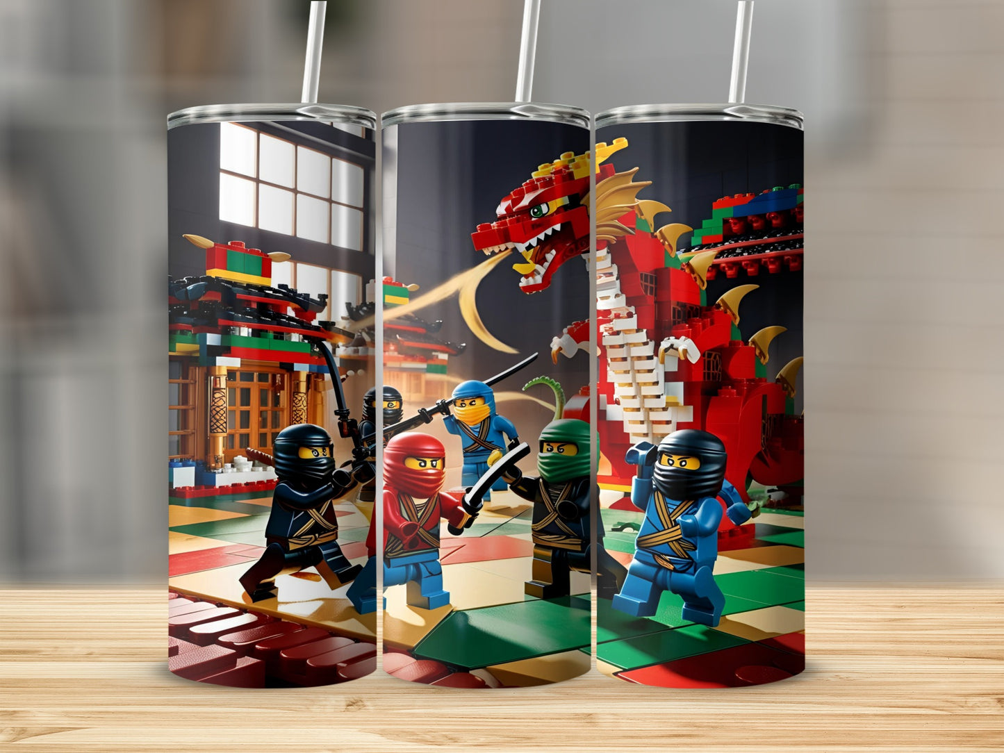 LEGO Ninjago characters fighting a red dragon on a tiled floor.