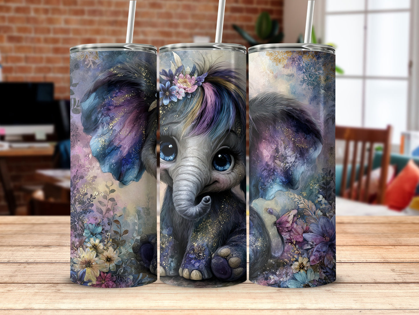 Adorable Elephant Tumbler with Floral Accents Design